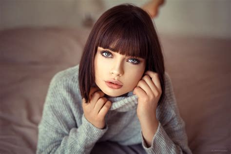 Black Hair Blue Eyes Brunette French Marie Grippon Model Wallpaper