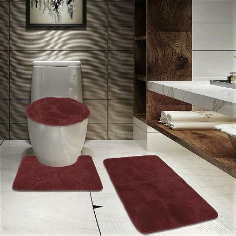 S 3pc Burgundy Bathroom Set Bath Mat Rug Contour And Toilet Lid Cover