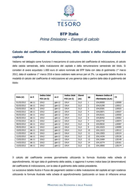 Scheda BTP Italia Calcolo Calcolo Del Coefficiente Di Indicizzazione