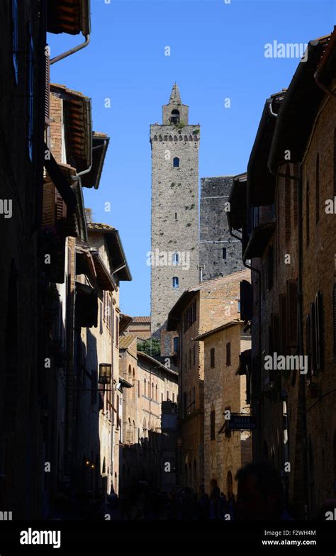 view of the tallest tower the torre grossa in the italian town of san gimignano in the province