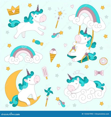 Set With Unicorns Rainbow Ice Cream And Other Sweets Vector