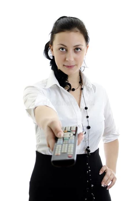 Woman Holding Remote Control Stock Image Image Of Communication