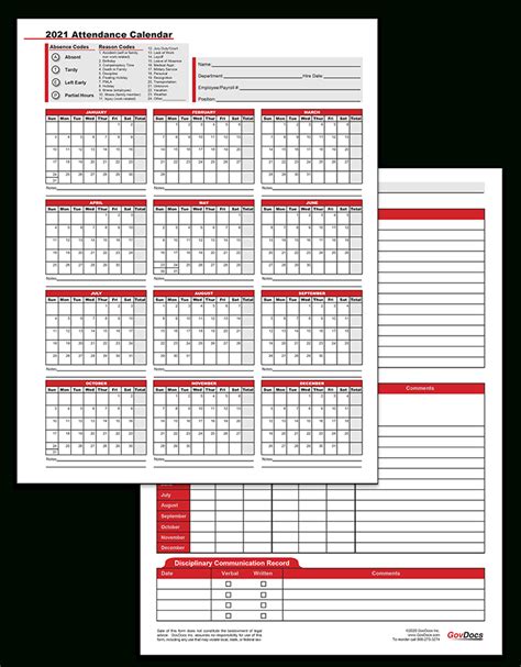 2021 Employee Attendance Record Printable Example Calendar Printable