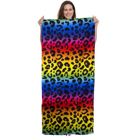 Rainbow Leopard Print Beach Towel Drawstring Bag All In One Unfold