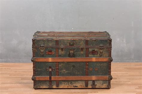 Antique Teal Wood Banded Trunk Antique Trunk Wood Antiques