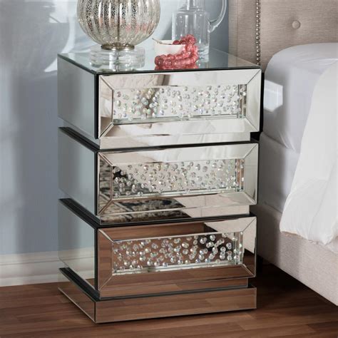Silver Mirrored Nightstand 2 Drawer Beveled Mirrored Nightstand With