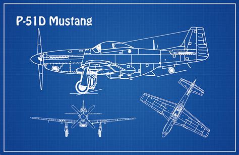 P 51D Mustang Airplane Blueprint Drawing Plans Outline For North