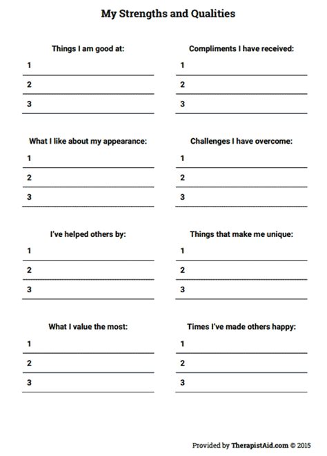 My Strengths And Qualities Worksheet Therapist Aid Self Esteem