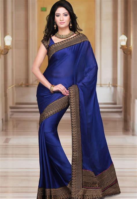 Royal Blue Faux Satin Chiffon Saree With Blouse 7200 Lehenga Style