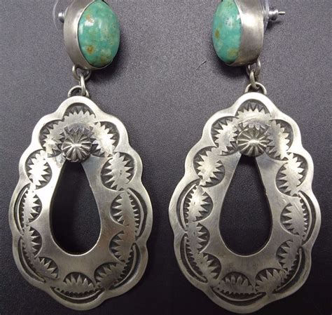 Signed Navajo Hand Stamped Sterling Silver Turquoise Dangle Earrings