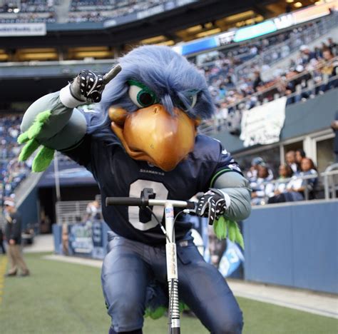 Blitz The Mascot Of The Seattle Seahawks Riding A Bicycle Mascots