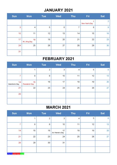 Free Printable January February March 2021 Calendar With Holidays As