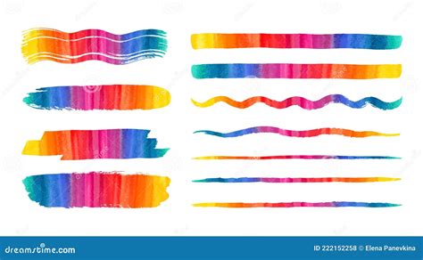 Rainbow Watercolor Vector Brush Strokes Long Stripes Lines Set Stock