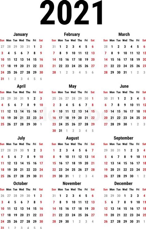 Calendar For 2021 Year On White Stock Vector Colourbox