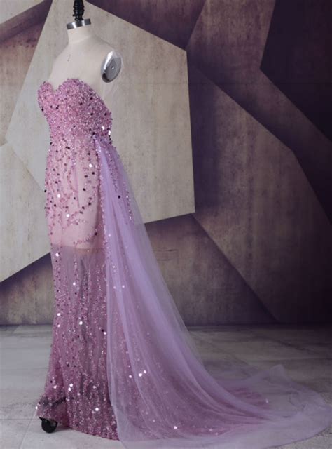 Strapless Prom Dress Light Purple Long Beaded Sequins