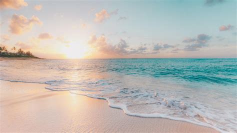 Scenery Nature Beautiful Ocean Waves Beach Sand Sunrise Rays Blue Sky
