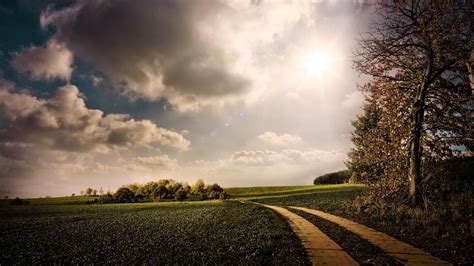 Nature Green Fields Path Trees Sunshine Clouds Wallpaper Nature