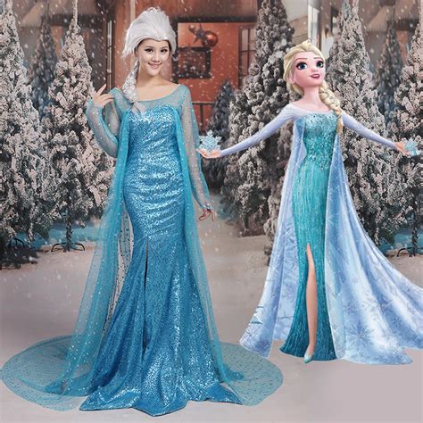 High Quality Adult Snow Queen Princess Elsa Cosplay Costume Elsa Long Blue Dress Women Halloween