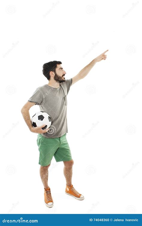 Young Man Holding Ball And Beer Pointing Stock Photo Image Of