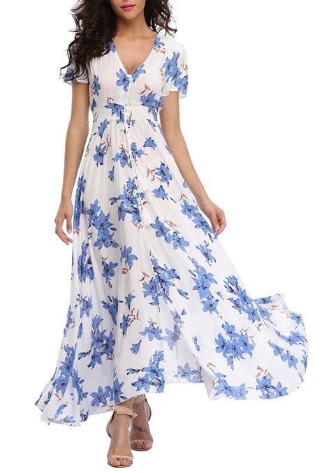 Vintageclothing Womens Floral Maxi Dresses Boho Button Up Split Beach Party Dress Beachwear