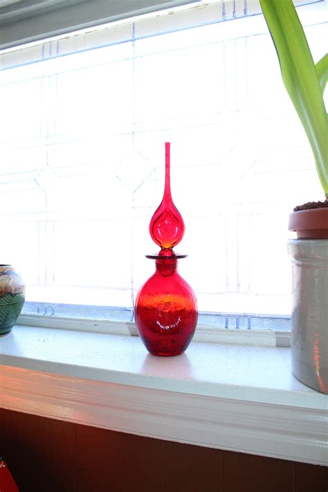 Vintage Blenko Red Amberina Decanter 1960s Genie Bottle Crackle Glass