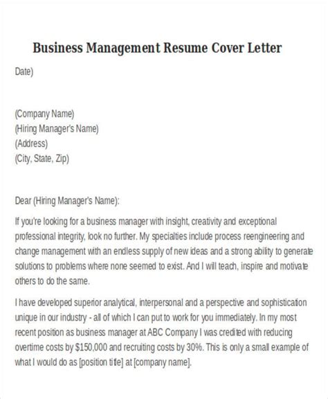 Sample Resume Cover Letter Business Manager Terrykontiec