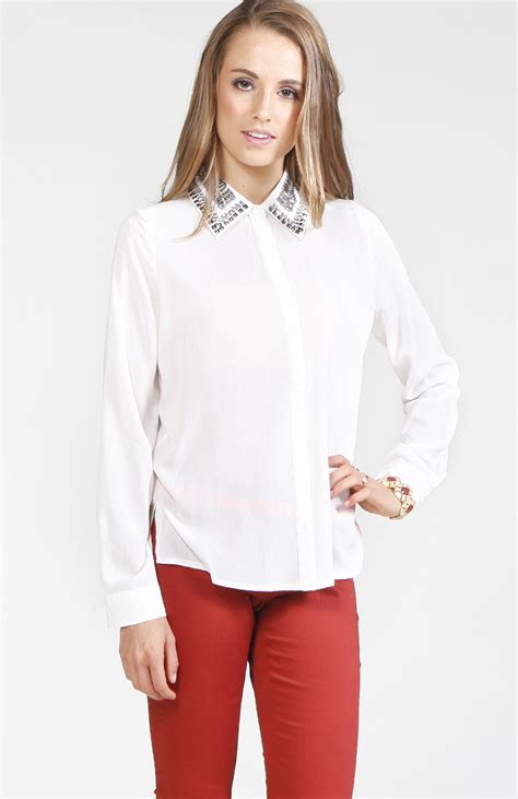 beaded collar blouse in white dailylook