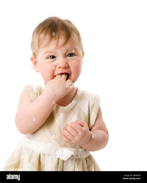 Baby Girl One Year Age Sucking Fingers Isolated Stock Photo Alamy
