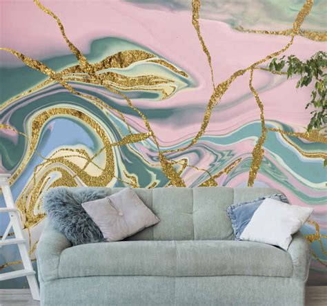 Gold Print Blue Marble Texture Wall Mural Wallpaper Tenstickers