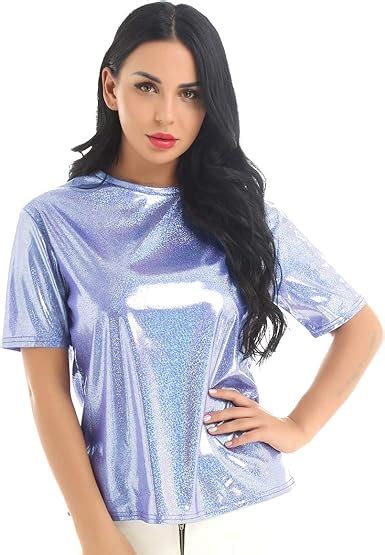 Skirts Women Glitter Shiny Metallic T Shirt Tank Tops Holographic Rave