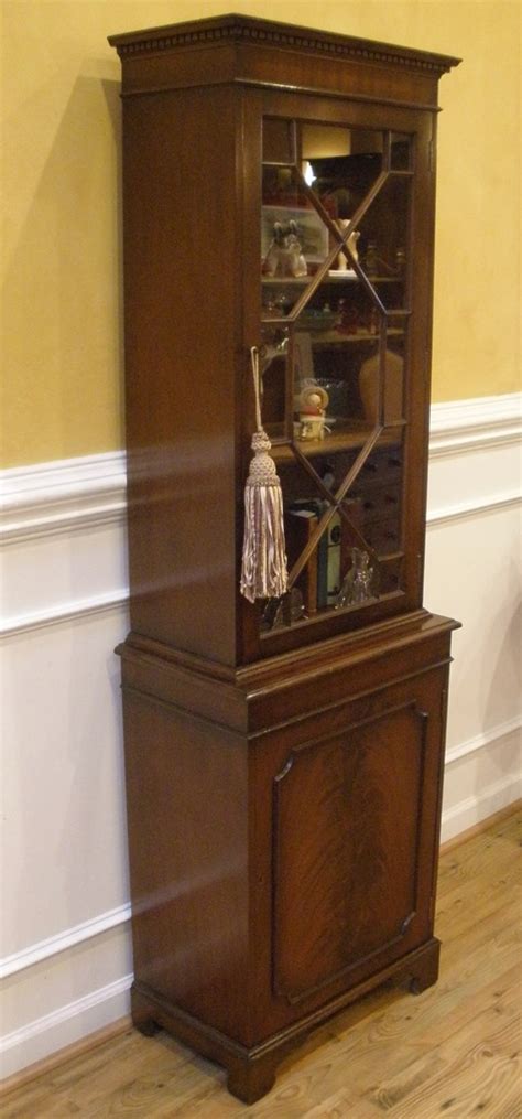 Seller currently is displaying his collection of antique glassware which may also be available for sale later. Vintage English Flame Mahogany Small Curio Cabinet ...