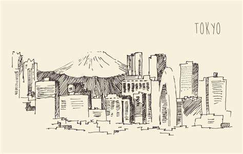 Tokyo City Skyline Black And White Illustration Stock Vector