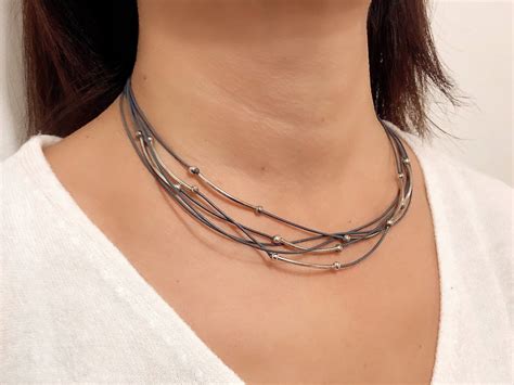 Women S Leather Necklace Multistrand Necklace Silver Plated Beads