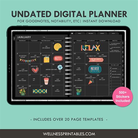 Undated Digital Planner For Goodnotes Notabilty Etc Wellness Printables