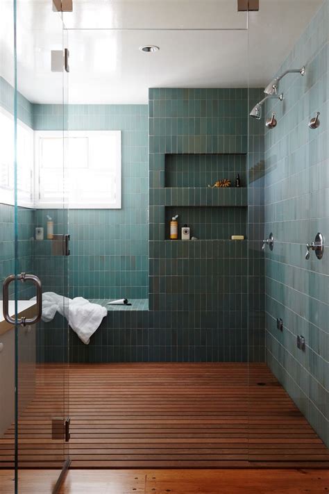Modern Green Tile And Wood Slat Floor In Large Master Bathroom Shower