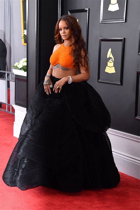 Rihanna Rocks Sparkly Orange Crop Top On Grammy Awards Red Carpet Essence