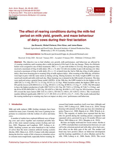 Pdf The Effect Of Rearing Conditions During The Milk Fed Period On