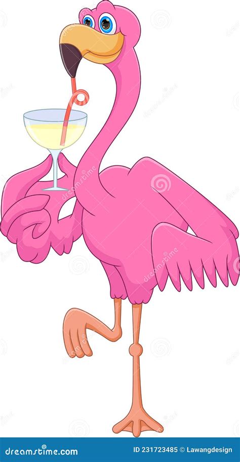 Cartoon Cute Flamingo Drinking On White Background Stock Vector