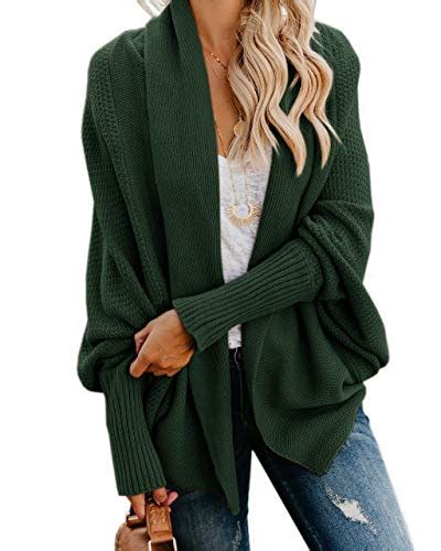 Imily Bela Womens Kimono Batwing Cable Knitted Slouchy Oversized Wrap Cardigan Sweater Green