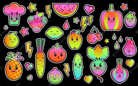 Um Conjunto De Imagens Coloridas De Frutas E Legumes Kawaii Fofos Cor