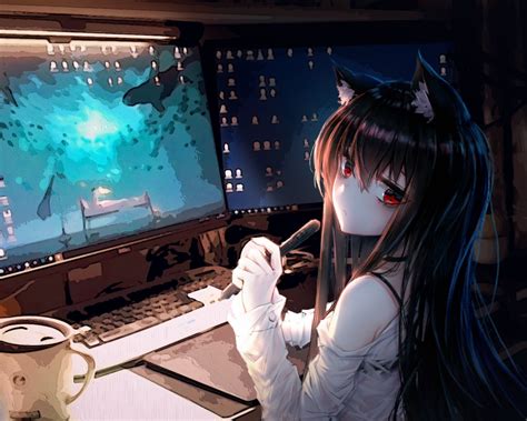 Anime Cat Girl Room Computer Animal Ears Coffee Anime Gamer Girl