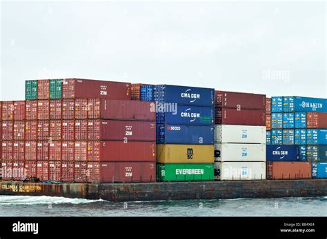 Container Barge Loaded With Shipping Containers In Ocean Usa Stock