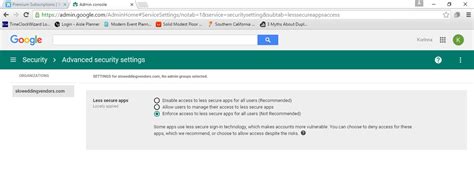 Log into your account at gmail.com, then open another tab and go the less secure apps setting, and select turn on. Google Apps - Less secure apps "This setting is managed by ...