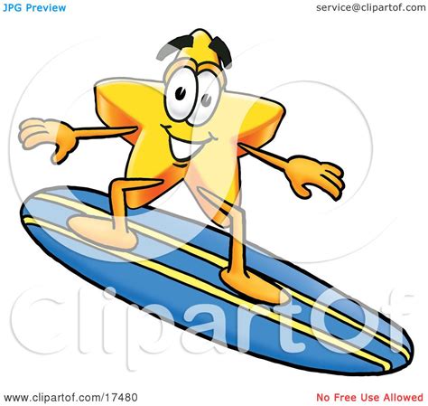Clipart Picture Of A Star Mascot Cartoon Character Surfing