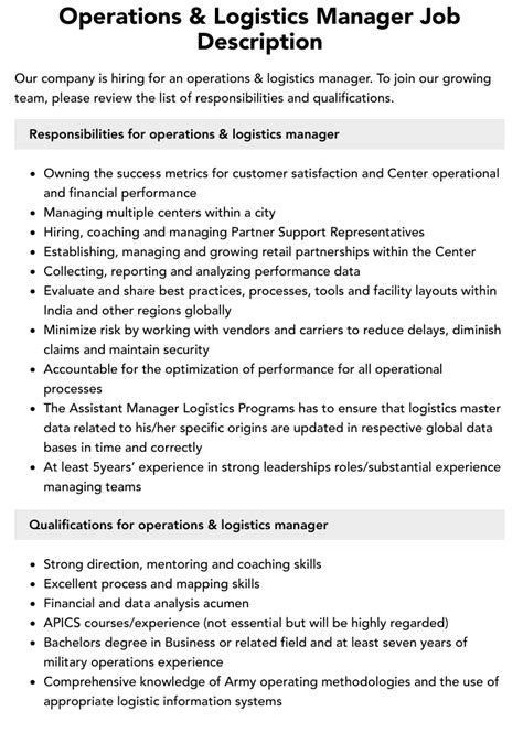 Operations And Logistics Manager Job Description Velvet Jobs