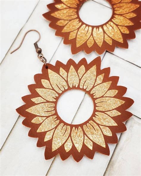 copper foil sunflower faux leather earrings copper boho etsy