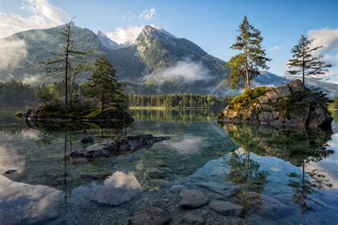 Body Of Water And Mountain Landscape Lake Pine Trees Hd Wallpaper