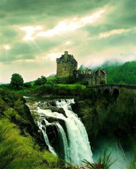Photo Waterfall Castle Enchanted Mountains Scotland Castles