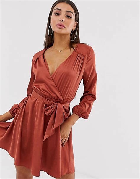 Koco And K Plunge Front Satin Skater Dress With Belt Detail In Rust Asos