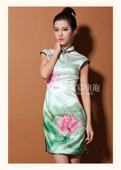 Custom Made Maginificent Lotus Flowers Silk Cheongsam Qipao Dress Qipao Cheongsam Dresses